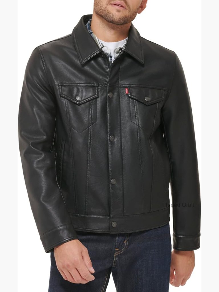 Faux Leather Classic Trucker Jacket With Quilted Lining